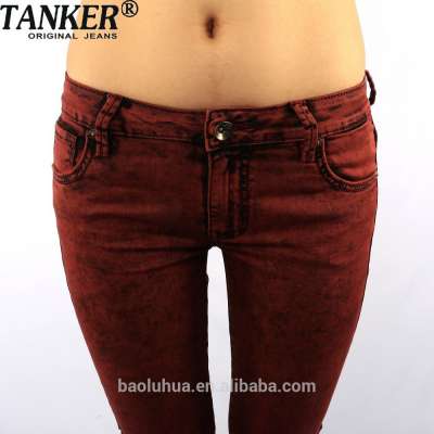 S1057-2 Skinny Women Girls snow wash overdyed red denim jeans